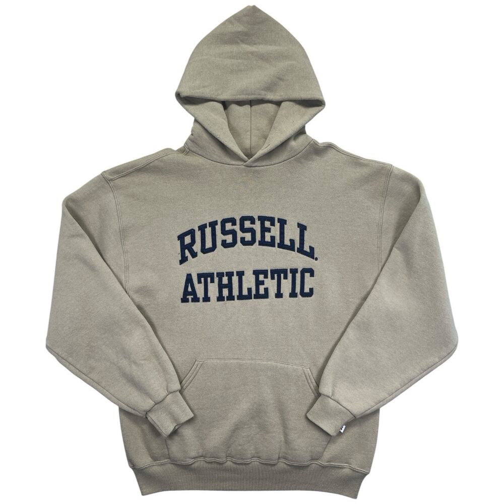 Russell Athletic Pullover Hoodie Men’s L Beige Logo Sweatshirt Vintage 90s/00s